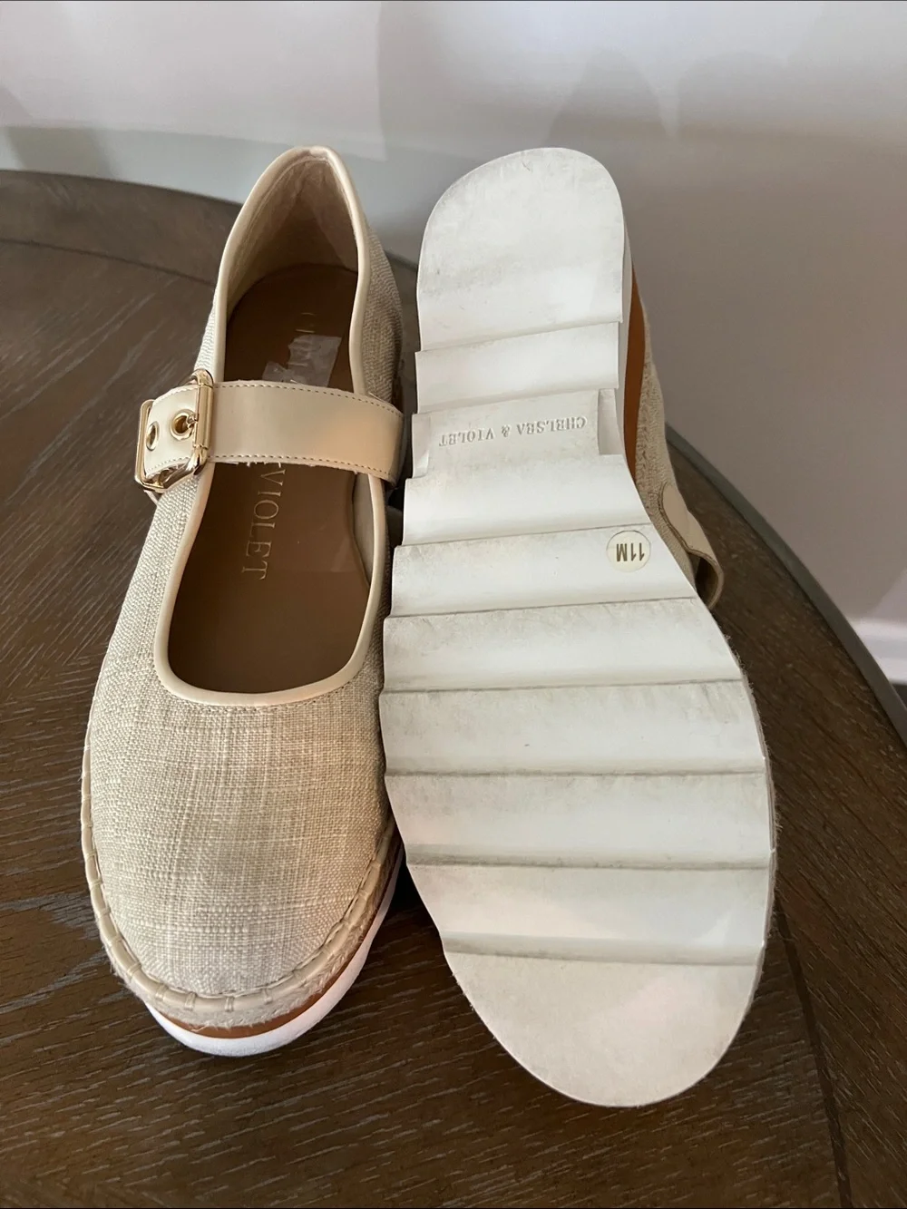 Neutral Beige Platform Mary Jane Espadrille with Gold Buckle